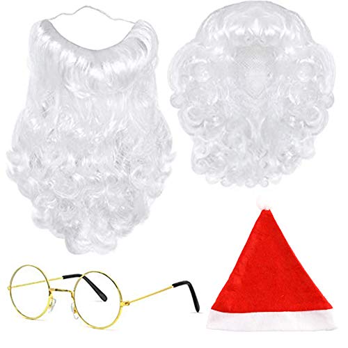 BigOtters Santa Costume Accessory, 4pcs Christmas Set with Glasses, Xmas Hat, Deluxe Long White Santa Claus Beard and Wig for Men Women Cosplay Dress up Props