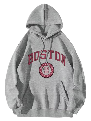 ORANDESIGNE Women's Oversized Graphic Hoodies Long sleeve Letter Print Drawstring Pullover Sweatshirts BOSTON Grey Medium