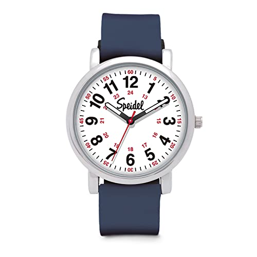 Speidel Original Scrub Watch Medical Professionals Students Men Women Unisex Easy Read Dial Military Time Red Second Hand Silicone Band Water Resistant-Navy