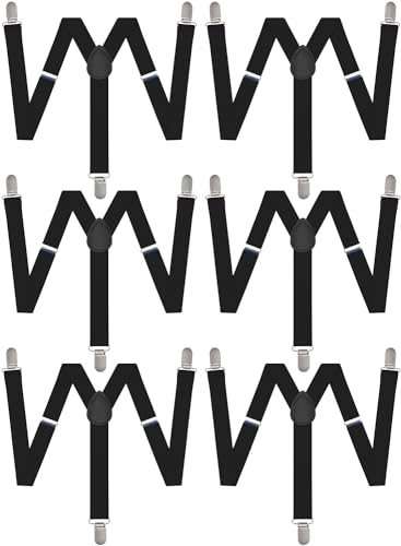 Man of Men Black Suspenders for Men - Adjustable Size Elastic 1 inch Wide Y Shape Costume Suspenders Women Mens Suspenders Heavy Duty Clips - Pack of 6