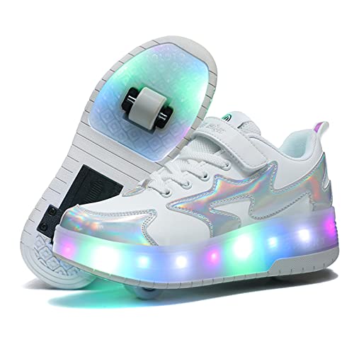 BFOEL Girls' Skate Shoes with 2 Wheels Sneakers Roller Skate Shoe Rollerskate Shoes Light up Sneakers for Kids Boys(3 Little Kid White Silver 34)