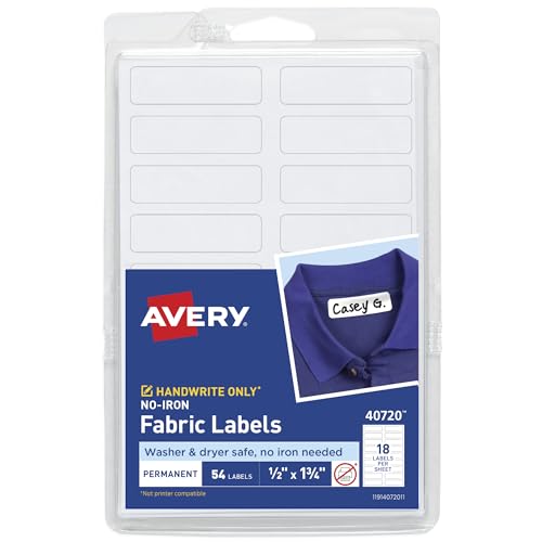 Avery No-Iron Fabric Labels, 1/2' x 1-3/4', Washer and Dryer Safe, Non-Printable, 54 Blank Labels Total (40720)