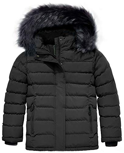 ZSHOW Girls' Water Resistant Winter Jacket Thick Quilted Puffer Coat with Detachable Fur Hood(Black,10-12)