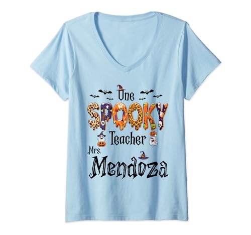 Womens One Spooky Teacher Mrs Mendoza Teacher Outfit Halloween Cute V-Neck T-Shirt