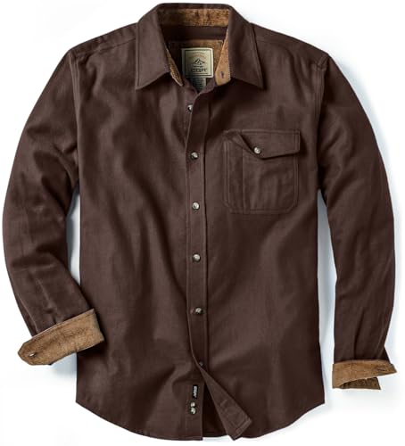 CQR Men's All Cotton Flannel Shirt, Long Sleeve Casual Button Up Plaid Shirt, Brushed Soft Outdoor Shirts, Solid Dark Brown, Large