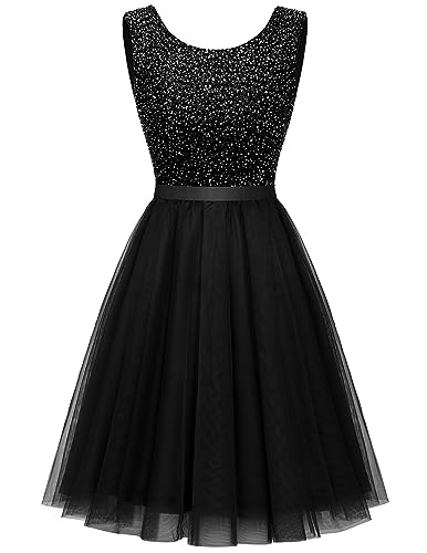 BeryLove Women's Short Sequin Party Dress Sleeveless Boat Neck Prom Wedding Formal Homecoming Dresses for Teens Cocktail Evening Gown S002 Black M