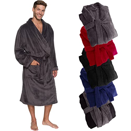 Ross Michaels Mens Robe Shawl Collar Wrap Style - Mid Length Plush Fleece Bathrobe (Gray, Large/X-Large)
