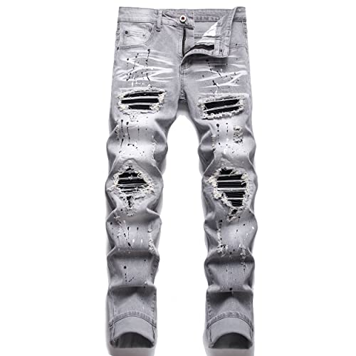AITITIA Men's Ripped Paint Splatter Slim Fit Stretch Jeans (40, 6620 Grey)