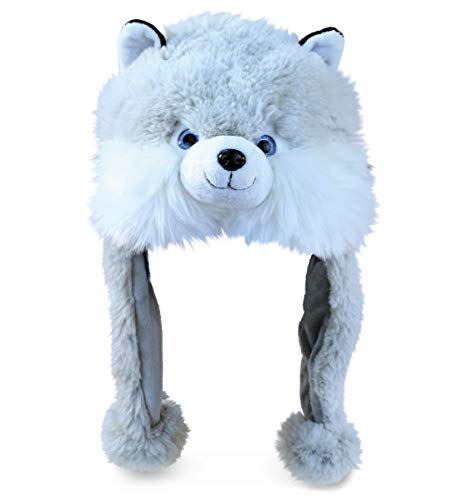 DolliBu Gray Husky Plush Hat - Super Soft Warm Hat With Ear Flaps, Funny Plush Party Crazy Hat, Stuffed Animal Dog Halloween Costume Toy Hat, Cozy Fleece Winter Hat For Kids & Teens - One Size