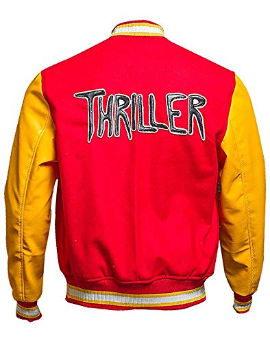 Attire Trends EASTIFIED Thriller MJ Jacket - Red Wool Yellow Leather Varsity Letterman Bomber Jacket (Thriller, M-Jacket Chest (46 Inch))