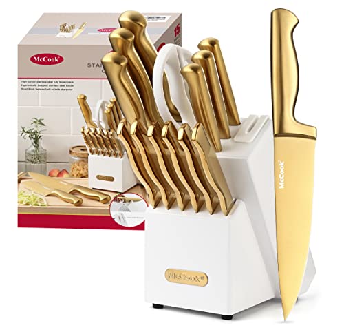 McCook Knife Sets, Golden Titanium Stainless Steel Kitchen Knife Block Sets with Built-in Sharpener