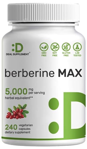DEAL SUPPLEMENT Berberine Max Supplement, 5,000mg Per Serving, 240 Veggie Capsules – 97% Pure Berberine HCL – 25:1 Root Extract – Vegetarian Friendly, Non-GMO