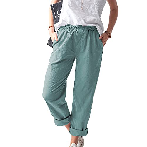 Women's Straight Pants Elastic Waist Casual Trousers Pants with Pockets Dark Blue