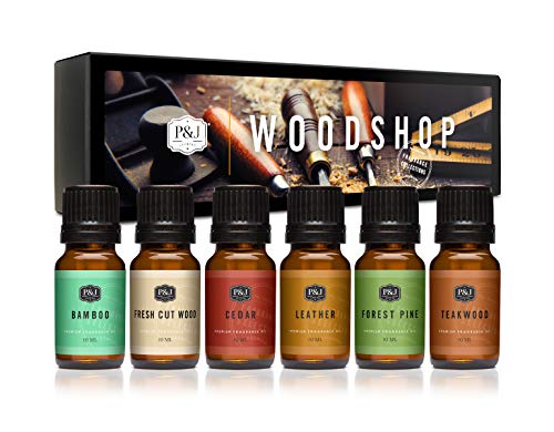 P&J Fragrance Oil Woodshop Set |  Forest Pine, Fresh Cut Wood, Leather, Teakwood, Bamboo, and Cedar Candle Scents for Candle Making, Freshie Scents, Soap Making Supplies, Diffuser Oil Scents