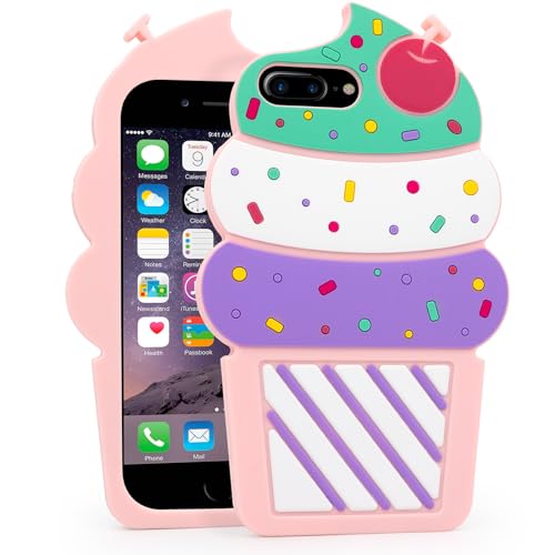 Dumkery Cute iPhone 7 Plus Case, Ice Cream iPhone 8 Plus Case, Cupcakes iPhone 6 Plus Case, Funny iPhone 6s Plus Case, 3D Cartoon Soft Silicone Shockproof Case Cover Skin for Girls Kids Women Child