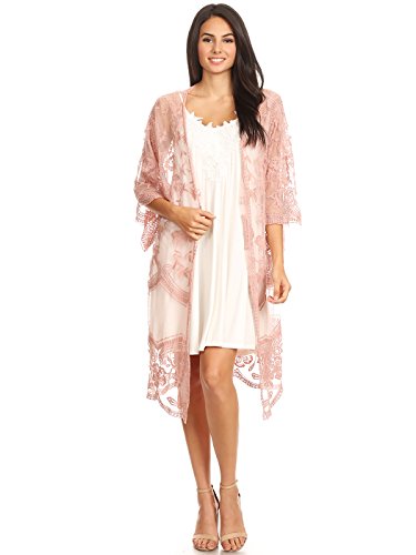Anna-Kaci Womens Long Embroidered Lace Kimono Cardigan With Half Sleeves, Mauve, Onesize
