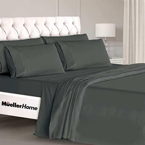 Mueller Ultratemp Full Size Bed Sheets Set, Super Soft 1800, 6 Piece Set, Deep Pocket up to 16', Transfers Heat, Breathes Better, Hypoallergenic, Wrinkle, Dark Grey