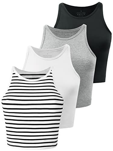 Kole Meego 4-Pack Crop Tops for Women: High Neck Workout Tank, Yoga Camisole, Athletic Undershirts (M) Black/White/Grey/Striped