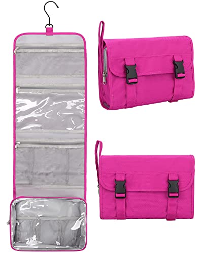 Relavel HangingTravel Toiletry Bag for Women, Large Capacity Toiletries Bag, Travel Essentials Organizer, Hanging Makeup Case for Accessories, Waterproof Bathroom Shower Bag (hot pink)