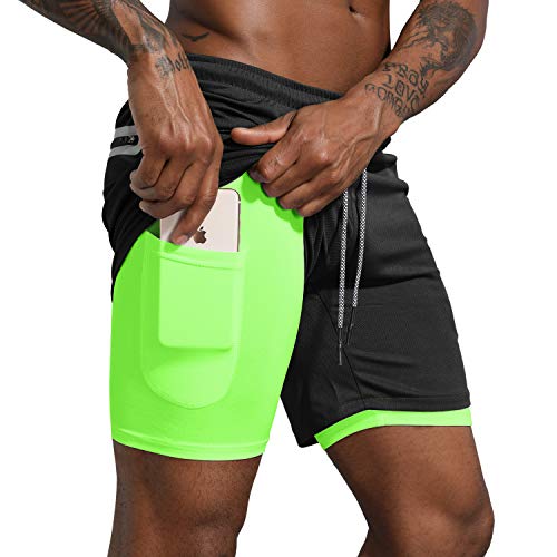 Leidowei Men's 2 in 1 Workout Running Shorts Lightweight Training Yoga Gym 7' Short with Zipper Pockets Black Fluorescent L