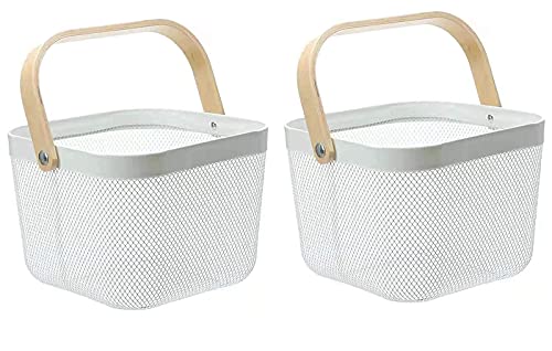HOJKMA 2 Pack Mesh Steel Storage Organizer Basket, Multi-Functional Metal Wire Hanging Kitchen Baskets Fruit Basket with Wood Handle Ideal for Kitchen, Bathroom, Pantry, Cabinet Home, White