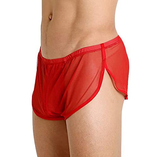 Men Breathable Underwear See Through Boxer Briefs Sheer Mesh Shorts Soft Underpants Lingerie Transparent Pants Valentine's Day Undies Comfort Pajamas Long Leg Stretch Home sports mens kit B35-Red