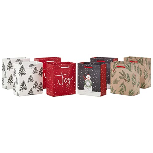 Hallmark 6' Small Holiday Gift Bags (8 Bags: Winter Foliage, Rustic Snowman, 'Joy' on Red, Black and White Trees) for Gift Cards, Winter Wedding Party Favors, Teacher Presents
