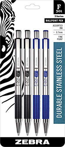 Zebra Pen Fine Point F 301, Combo Pack of 2 BLACK INK & 2 BLUE INK metal pens (Total of 4 Pens), Ballpoint Stainless Steel Retractable 0.7mm fine point ink pens