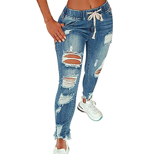 KUNMI Women High Waist Skinny Stretch Ripped Jeans Destroyed Denim Pants Plus Size Blue