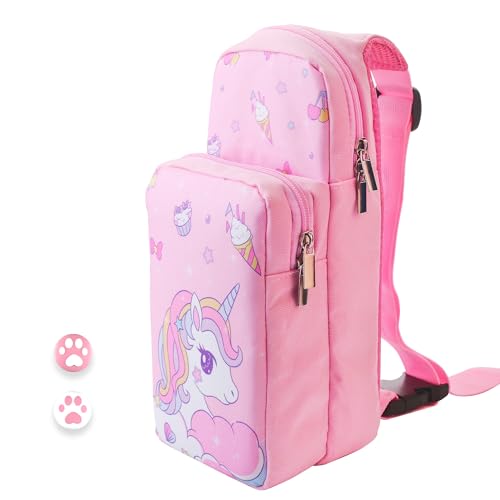 HYPERCASE Travel Bag for Nintendo Switch/OLED/Lite, Pink Shoulder Storage Bag for Unicorn, Portable Carrying Backpack for Games Accessories Console & Dock Charger, Bundle with 2 Cute Thumb Grip Caps