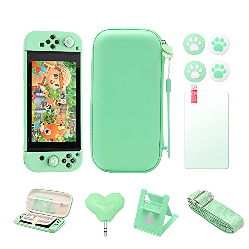 Switch Animal Crossing Accessories, Switch Animal Crossing Case, Green Switch Case, Thumb Grips, Headset Adapter, Adjustable Stand, Screen Protector, Wrist Strap and Shoulder Strap - Green