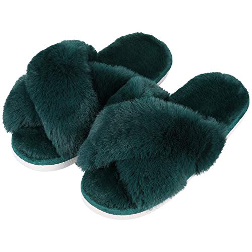 Evshine Women's Fuzzy Slippers Cross Band Memory Foam House Slippers Open Toe, Green, Size 10-11