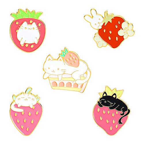 Sweet Strawberry Enamel Pins Set Cartoon Fruit Rabbit Cat Lapel Pins for Women Girl Cute Brooches Pin Badges for Clothing Backpacks (5 Pieces)