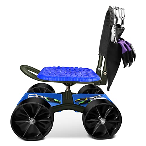 i COVER Garden Cart Rolling Stool with Four Wheels and Tool Bag, Stable Workseat Sturdy Cart Adjustable Seat Height and Direction, Gardening Helper, Dark Green