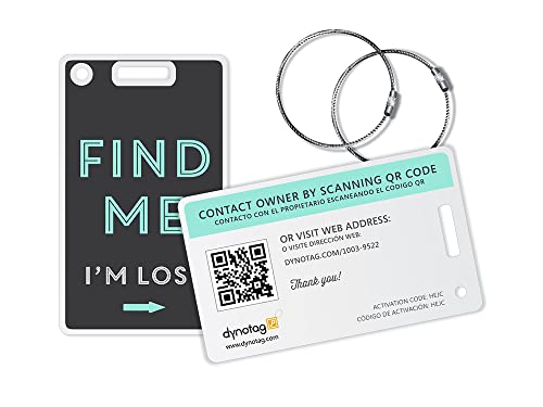 Dynotag Web Enabled Smart Fashion Luggage ID Tags, with DynoIQ & Lifetime Recovery Service. 2 Identical Tags+Chains (Find Me!)