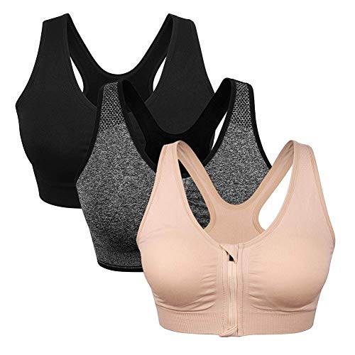 Women's Zip Front Sports Bra Wireless Post-Surgery Bra Active Yoga Sports Bras (XL:Fit 36D,36DD,38C,38D,40B,40C, 3 Pack(Black+Grey+Flesh))