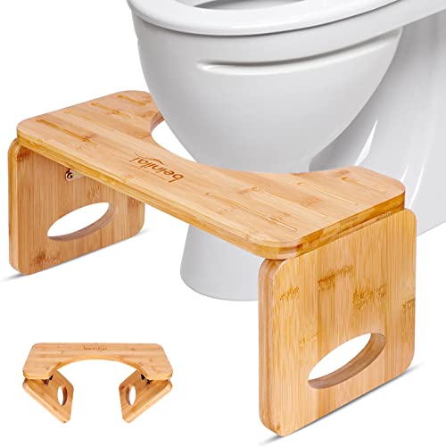 Beinilai Toilet Stool, Foldable Toilet Stool Squat Adult for Bathroom, Bamboo Poop Stool for Adult, 8 Inches Squatting Bathroom Potty Stool with 2 Packs Anti-Slip Strip (Natural Color)