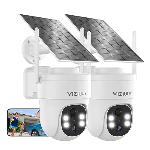 VIZIUUY Solar Security Cameras Wireless Outdoor, 2 Pack 3MP Security Cameras Wireless Outdoor, Pan Tilt 360°WiFi Camera with Color Night Vision/PIR Sensor/2-Way Audio/Alexa/Google Assistant