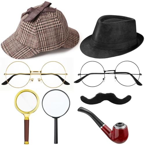 Jeyiour 8 pcs Detective Costume Accessories for Boys Adults Girls Detective Hat Detective Kit Detective Outfit Party Decor(Cotton, Classic Style, Cotton)