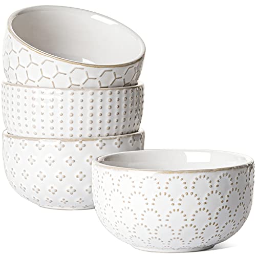 LE TAUCI Small Bowls 7 OZ, Ceramic Embossment Stoneware Bowl for Dipping, Side Dish, Sauce, Appetizer, Dessert, Sushi, House-warming Gift - 3.5 inch, Set of 4, Arctic white