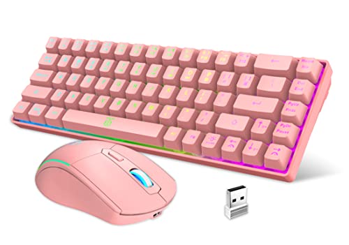 Snpurdiri 60% Wireless Gaming Keyboard and Mouse Combo,LED Backlit Rechargeable 2000mAh Battery,Mini Mechanical Feel Anti-ghosting Keyboard + 6D 3200DPI Mouse for Gaming,Business Office (Pink)