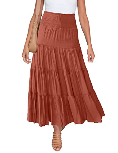 HAEOF Women's Summer Elastic High Waist Boho Maxi Skirt Casual Drawstring A Line Long Skirt Caramel Medium