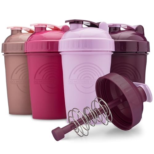 GOMOYO [4-Pack] 20-Ounce Shaker Bottle | Protein Shaker Bottle with Action-Rod Wire Mixer | Shaker Cups are BPA Free and Dishwasher Safe | Rose, Plum, Raspberry, & Lavender