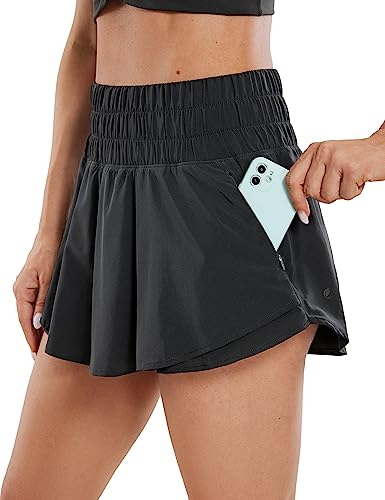 CRZ YOGA Athletic Shorts for Women High Waisted Flowy Ruffle Skirt Overlay Workout Running Tennis Shorts Zip Pocket Black Medium