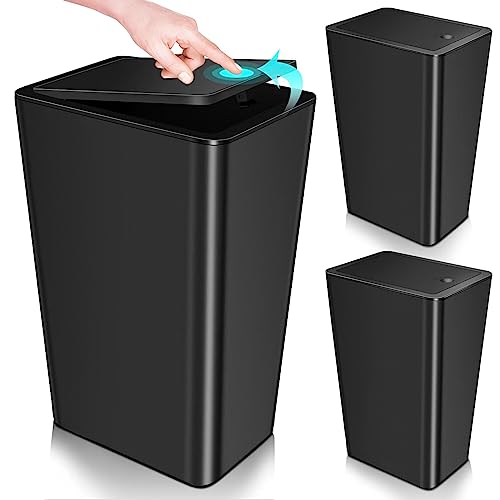 SHPMXUPW 3 Pack Bathroom Small Trash Can with Lid,10L / 2.6 Gallon Slim Garbage Bin Wastebasket with Pop-Up Lid for Bedroom, Office, Kitchen, Craft Room, Fits Under Desk/Cabinet/Sink/Black
