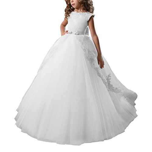 ABAO SISTER Flower Girl Dress, Fancy Puffy Long Dress by Lace and Tulle, Ball Gown for Wedding, Communion (White, 10)