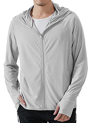 Locachy Men's UPF 50+ Sun Protection Outdoor Lightweight Full Zip Hoodie Jacket Long Sleeve Fishing Hiking Performance Shirt Light Grey XL