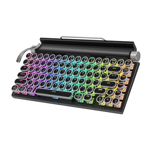 Retro Typewriter Keyboard Wireless, Mechanical Gaming Vintage Keyboard 83-Key Blue Switches Punk Round Keycap, 14 Modes Rainbow LED Backlight, Type-C, Bluetooth 5.0，Compatible with PC/Laptop/Pad/Phone