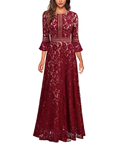 MISSMAY Women's Vintage Full Lace Contrast Bell Sleeve Formal Long Dress (Large, B-red)