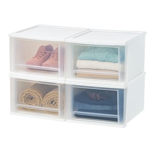 IRIS USA 17 Qt. Medium Plastic Stacking Drawer, Stackable Storage Organizer Unit with Sliding Drawer for Bedroom Kitchen Under Sink Pantry Craft Room Dorm Office, White, 4-Pack